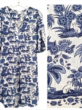 Cynthia Rowley Tropical Floral & Cat Print Linen Blend Dress Size Large